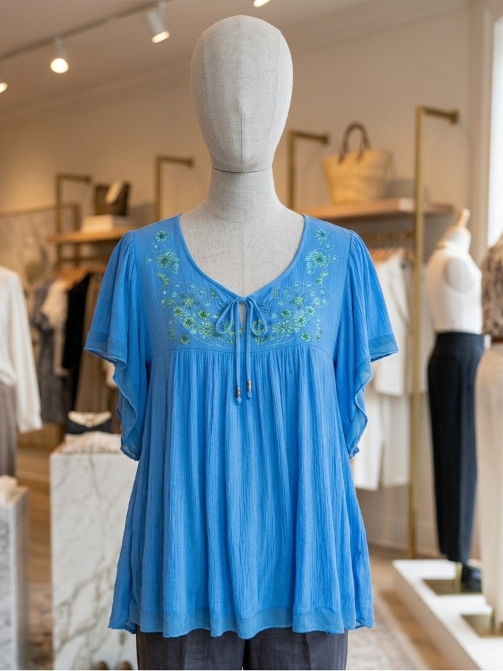 live and let live Blue Embroidered Tie-Neck Flutter Sleeve Top